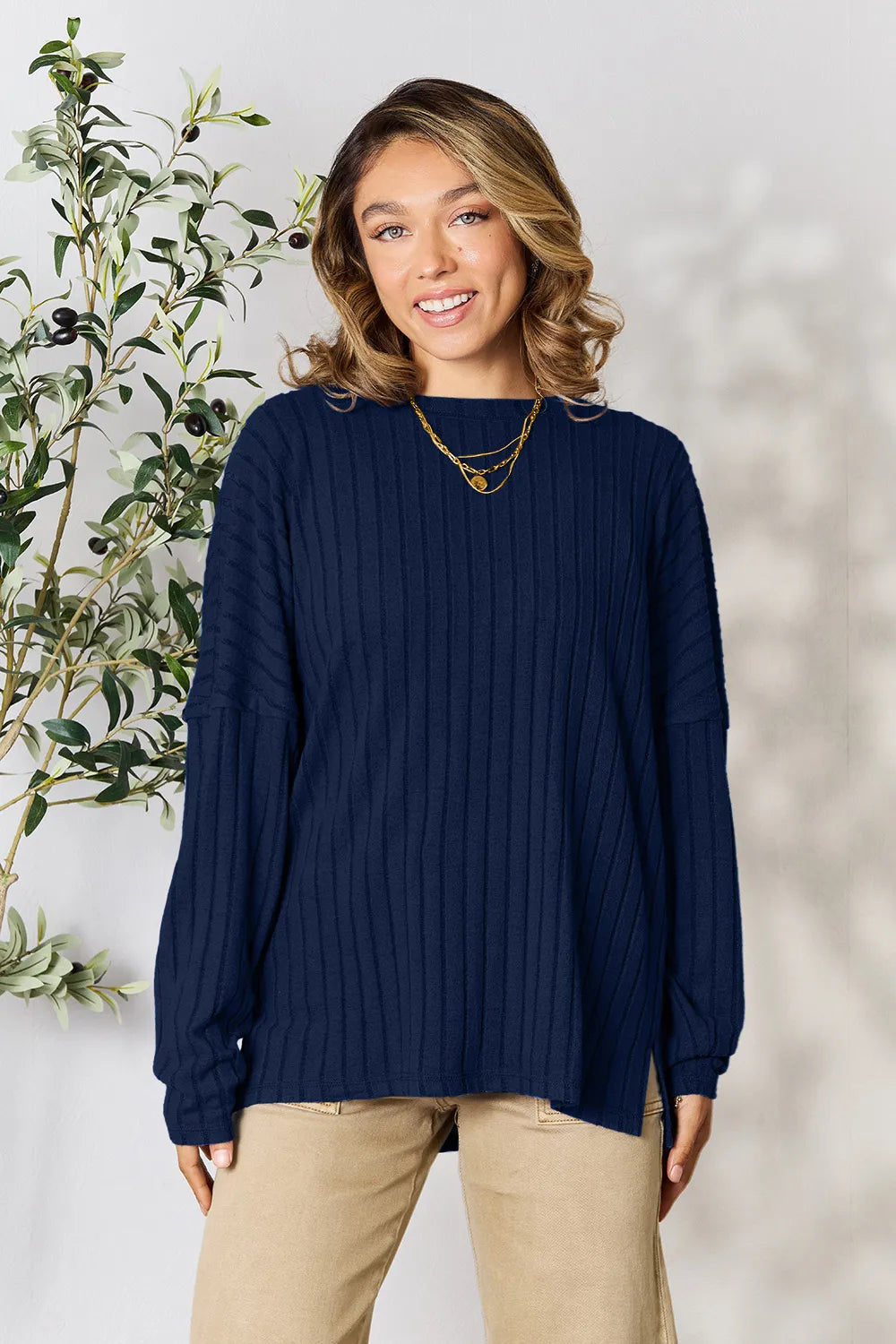 Vale Delacroix — Basic Bae Full Size Ribbed Round Neck Slit Knit Top, alternate view 13