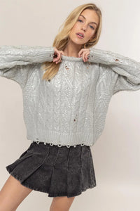 Paris Rivière — HYFVE Distressed Cable-Knit Round Neck Long Sleeve Sweater