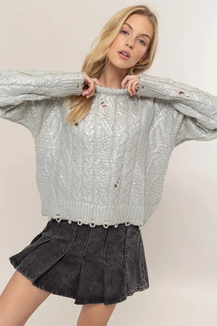 Paris Rivière — HYFVE Distressed Cable-Knit Round Neck Long Sleeve Sweater