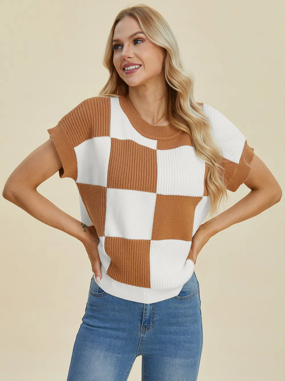 Cove Delacroix — Double Take Full Size Checkered Round Neck Short Sleeve Sweater, alternate view 12