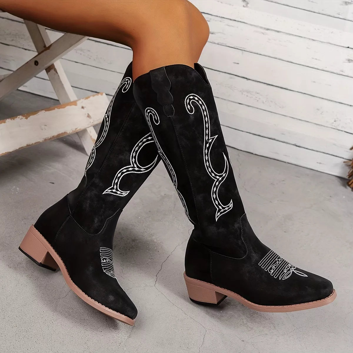 Perrin Marino — Embroidered Round Toe Block Heels Boots Fashion Footwear, alternate view 3