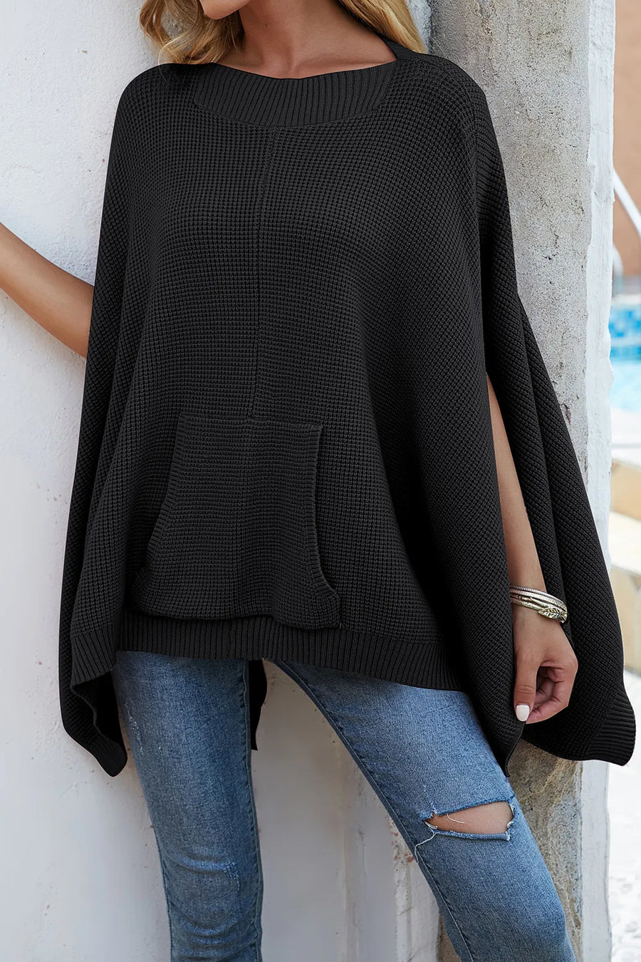 Hollis Versailles — Waffle-Knit Pocketed Cape Sleeve Sweater