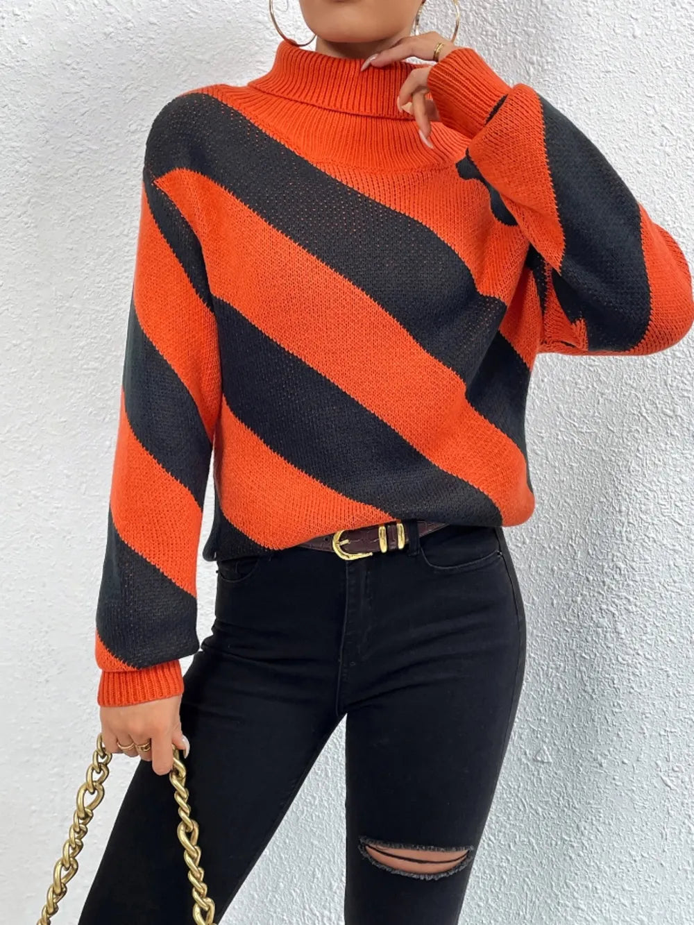 True Valmont — Striped Turtleneck Dropped Shoulder Sweater, alternate view 4