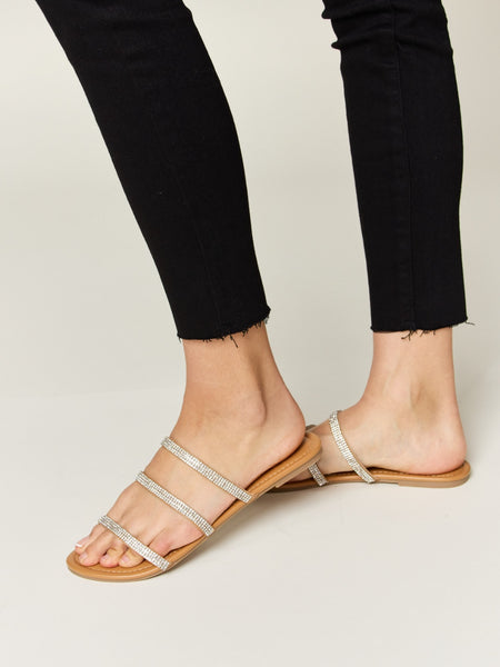 WILD DIVA Rhinestone Three-Strap Flat Sandals - Opulent Empire