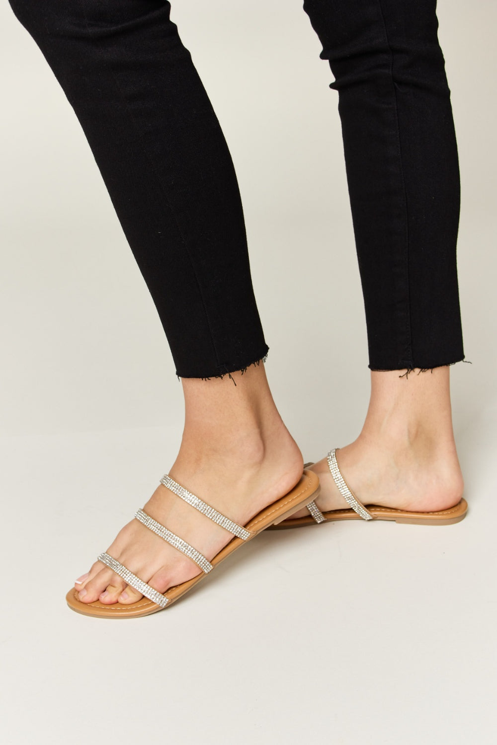Blaise Montclair — WILD DIVA Rhinestone Three-Strap Flat Sandals TAN Fashion Footwear, alternate view 5