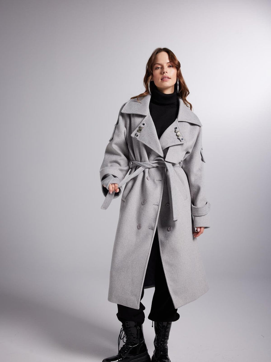 Accessorized Wool Blended Cashmere Maxi Woody Grey Coat