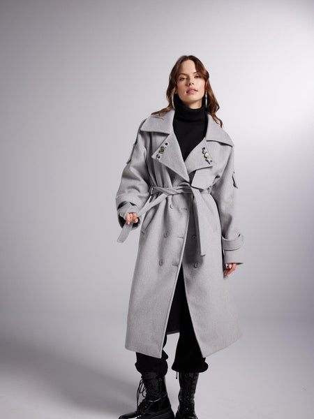 Accessorized Wool Blended Cashmere Maxi Woody Grey Coat