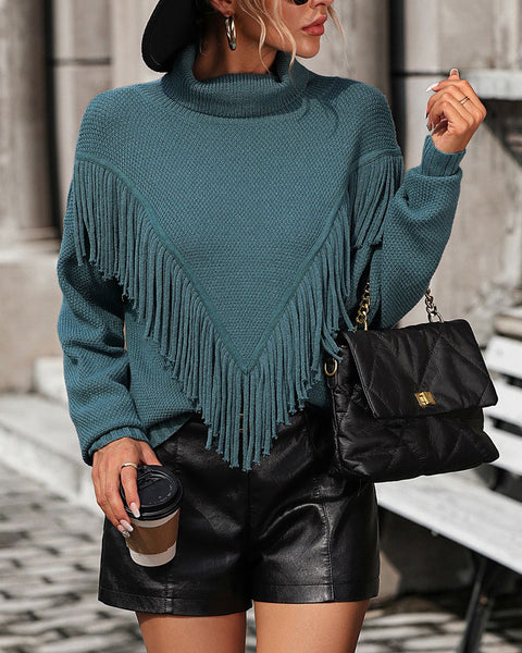 Turtle Neck Tassel Front Long Sleeve Pullover Sweater