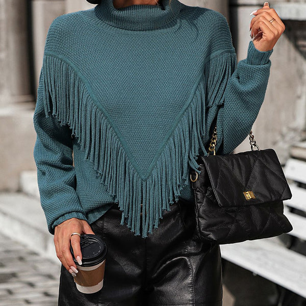 Turtle Neck Tassel Front Long Sleeve Pullover Sweater