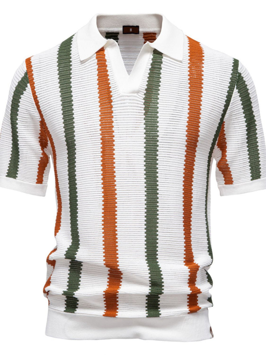 Men's Collared Neck Striped Knit Polo - Opulent Empire