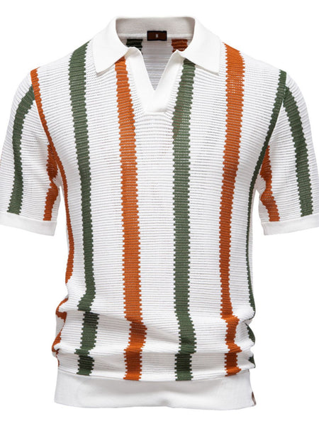 Men's Collared Neck Striped Knit Polo - Opulent Empire