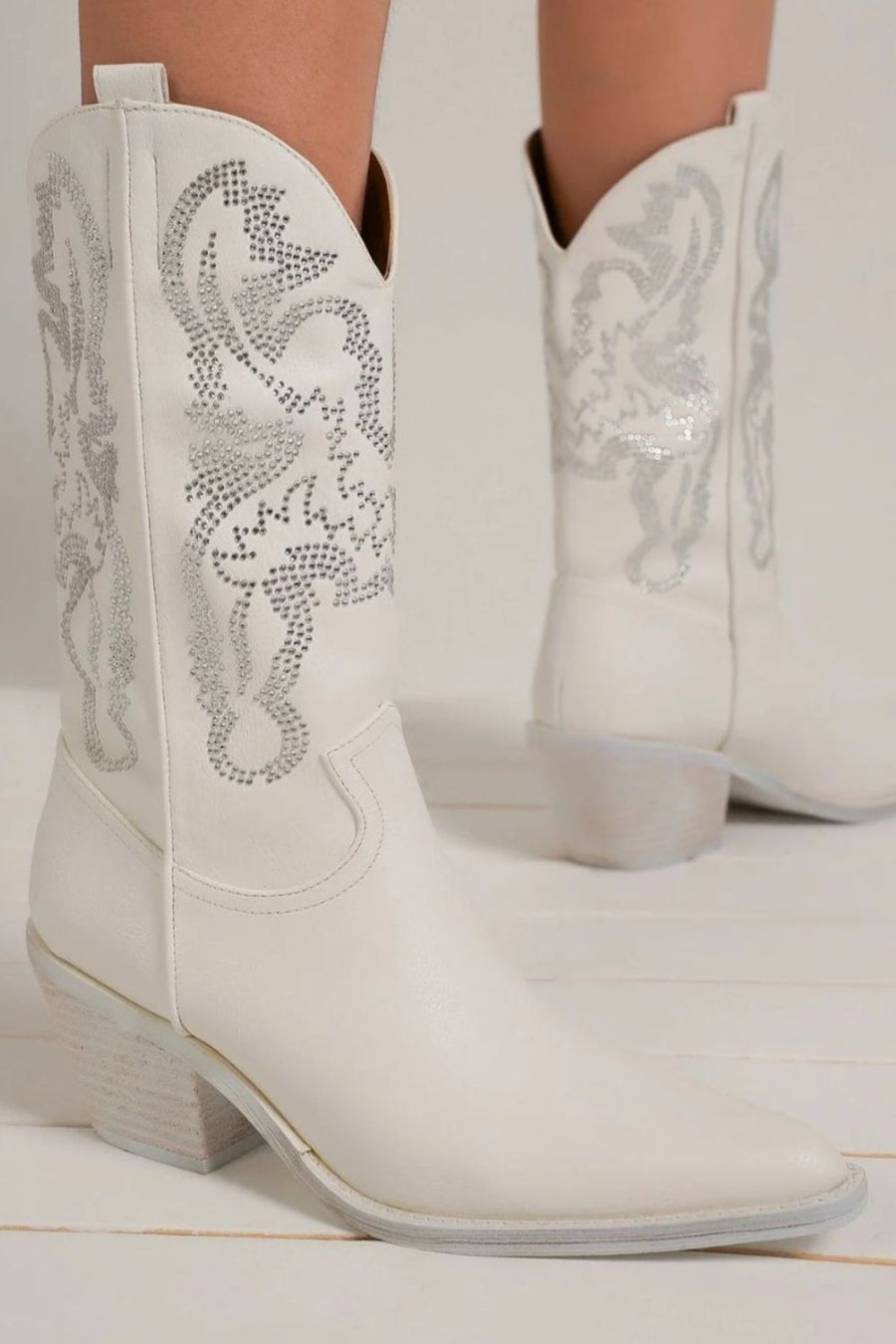 Winter Montclair — Beast Fashion Rhinestone Detail Point Toe Boots White Fashion Footwear, alternate view 2
