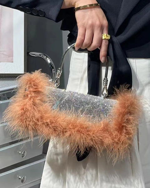 Ostrich Hair Rhinocaster Bag Female Mink Hair Inlaid With Diamond Full Drill Single Shoulder Crossbody