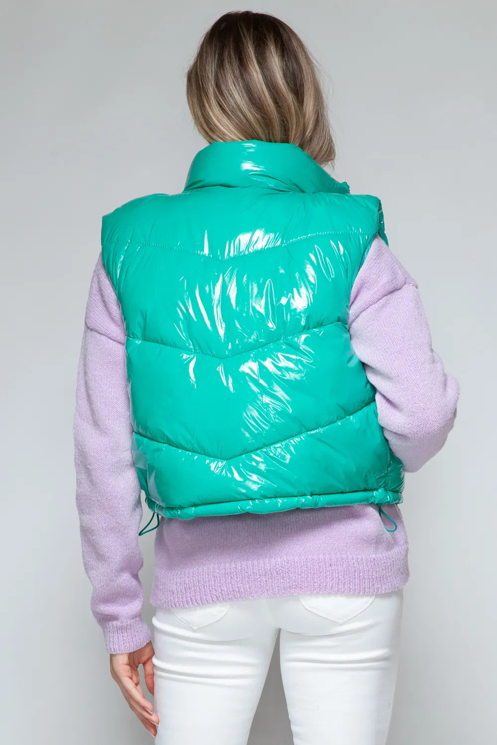 Rowan Saint-Clair — Snobbish Zip Up Turtleneck Shiny Quilted Vest Green Sweater or Cardigan, alternate view 2