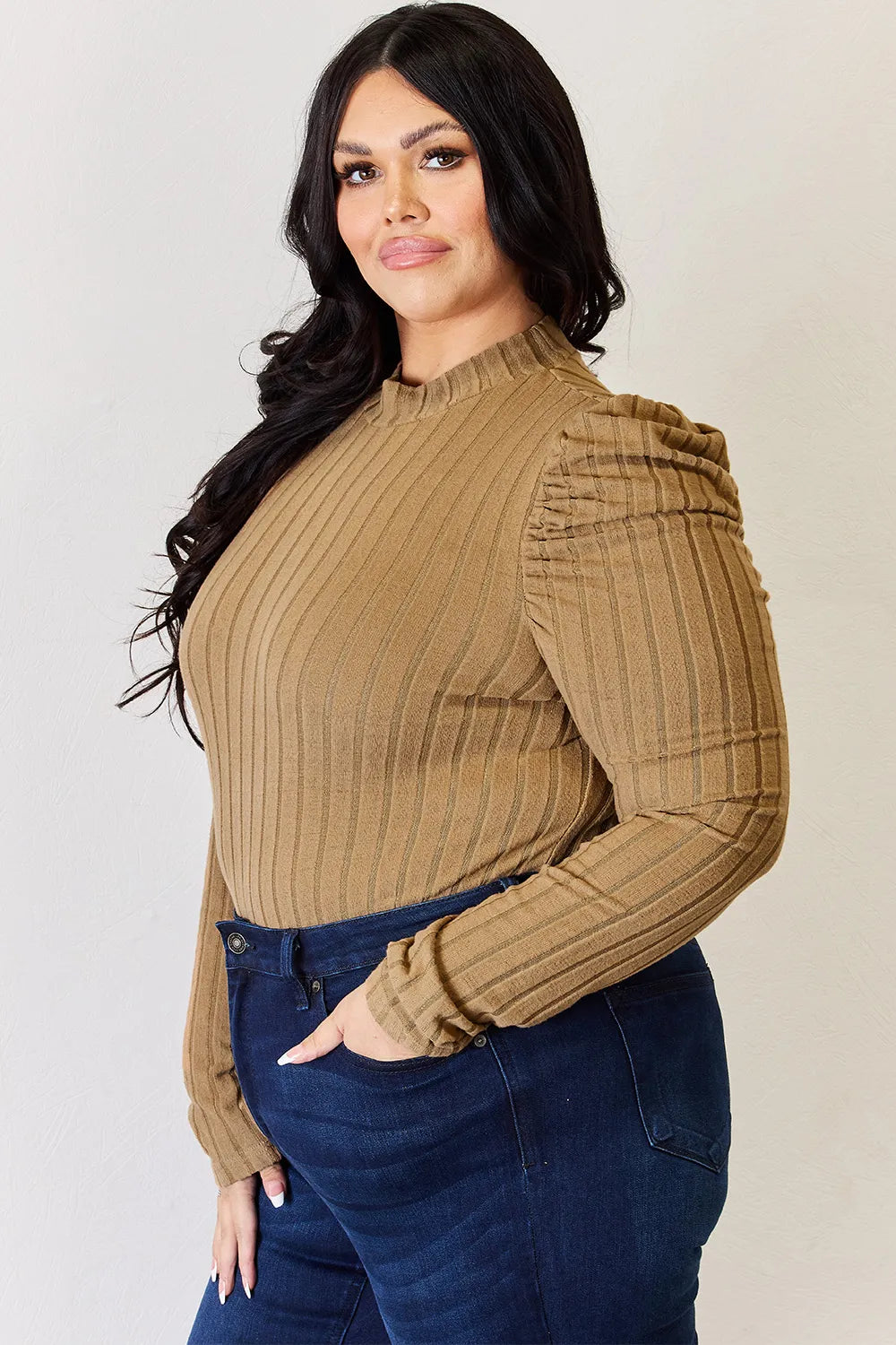 Ciel Delacroix — Basic Bae Full Size Ribbed Mock Neck Puff Sleeve T-Shirt, alternate view 28