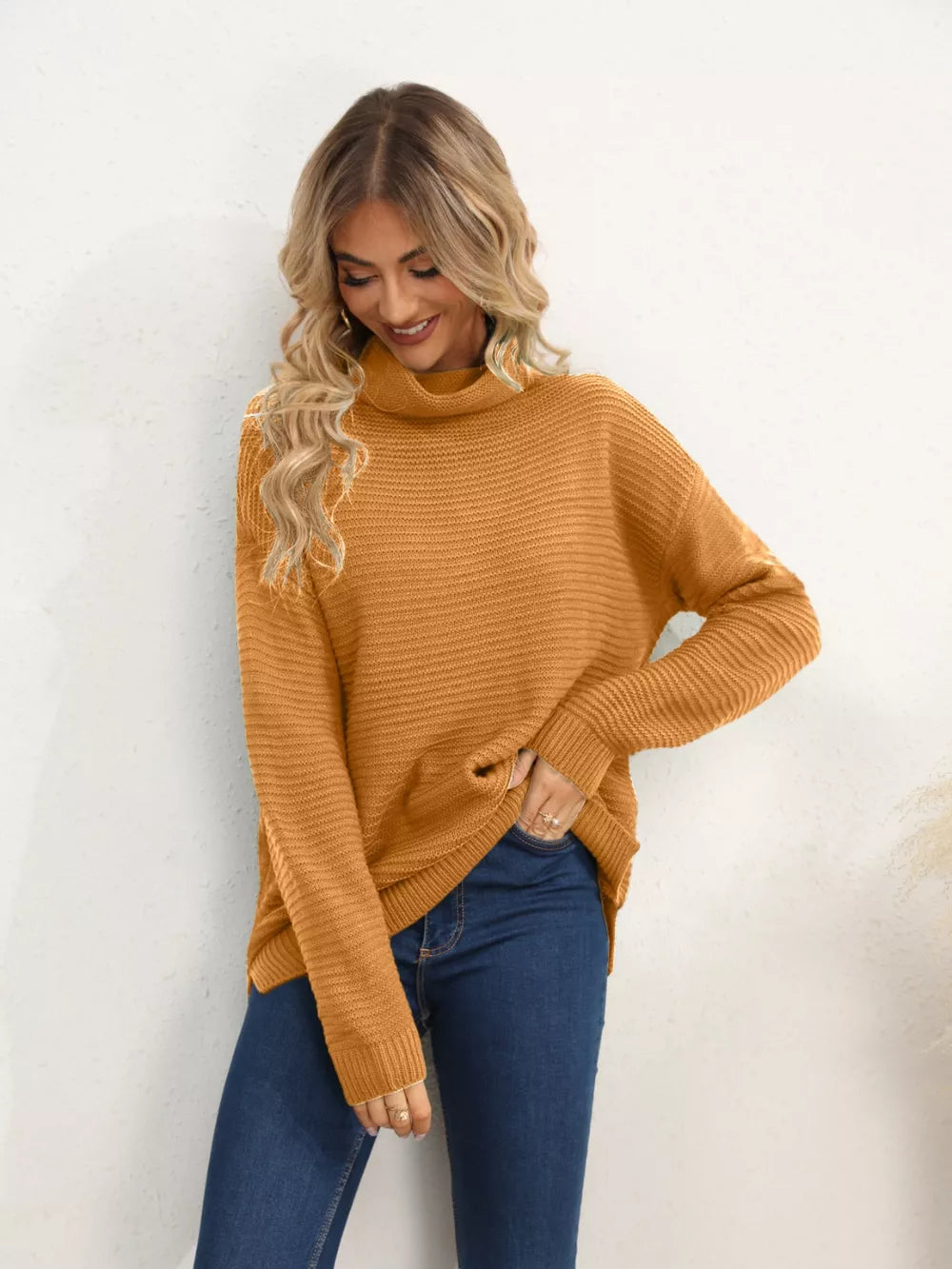 Monroe Fontaine — Slit Turtleneck Dropped Shoulder Sweater, alternate view 16