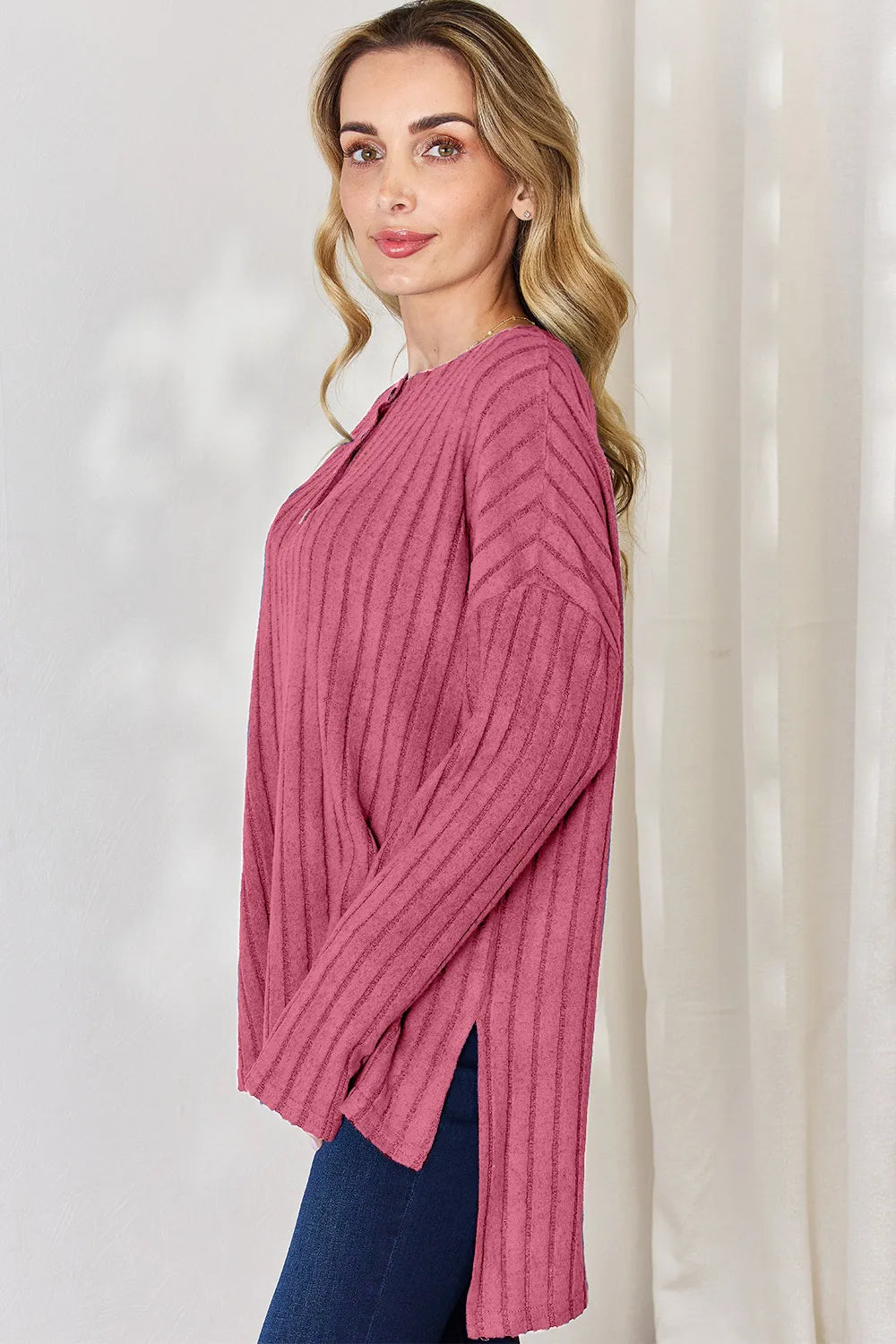 Noa Rousseau — Basic Bae Full Size Ribbed Half Button Long Sleeve High-Low T-Shirt, alternate view 17