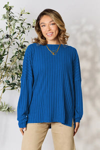 Vale Delacroix — Basic Bae Full Size Ribbed Round Neck Slit Knit Top