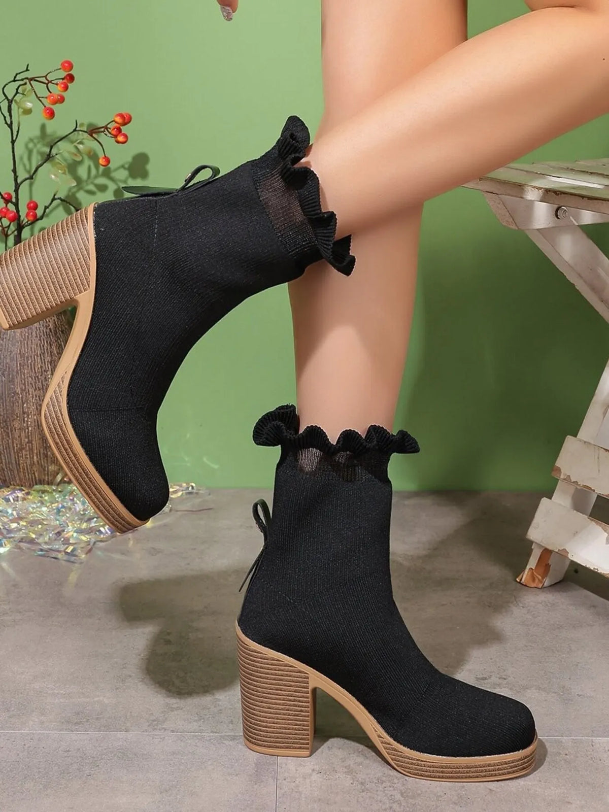 Ellis Bellini — Ruffled Trim Chunky Heel Boots, alternate view 3
