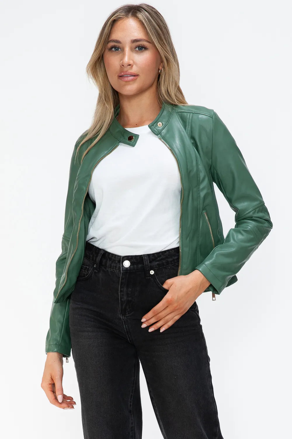 Winter Rosetti — Snobbish Faux Leather Zip Up Drawstring Hooded Jacket, alternate view 18