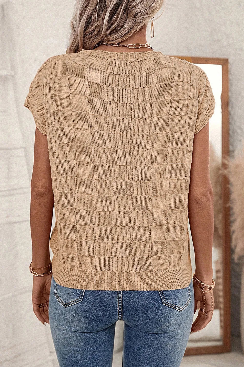Noa Moreau — Pocketed Checkered Round Neck Knit Top, alternate view 8