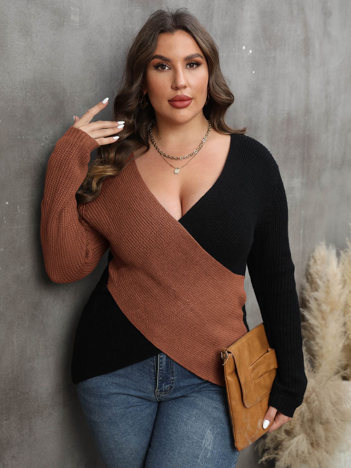 Aster Rousseau — Plus Size Two-Tone Surplice Neck Sweater, alternate view 7