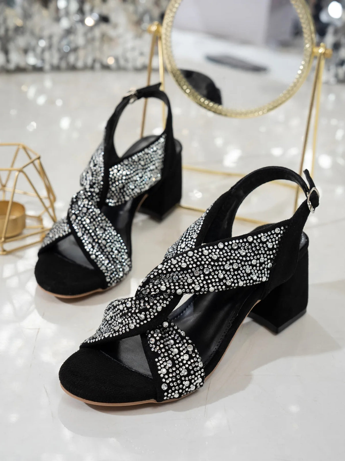 Marlowe Marino — Rhinestone Block Heel Sandals
