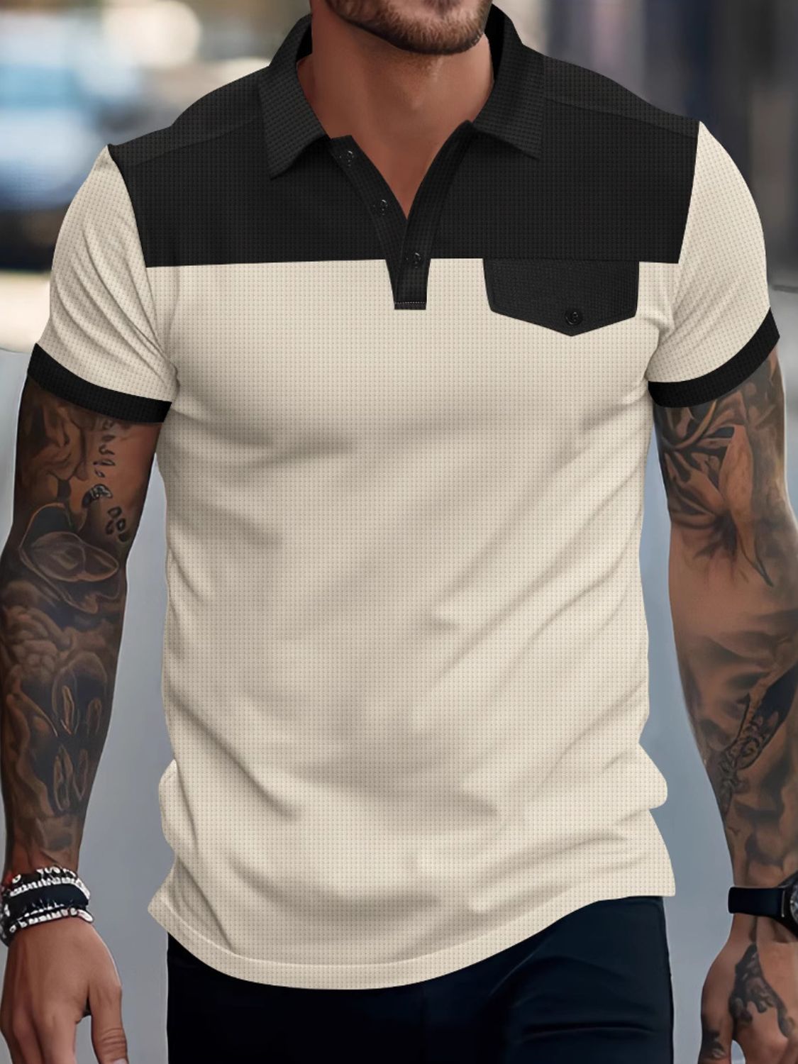 Damian — Men's Full Size Waffle-Knit Collared Contrast Polo Plus Size, alternate view 6