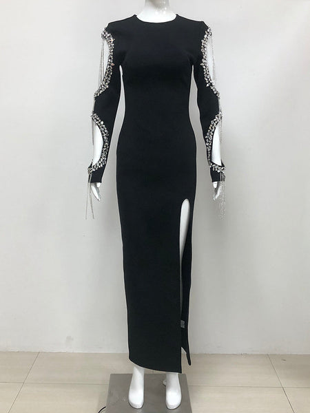 Bandage-Kleid mit Kristallen, Quasten und Cutouts an den Ärmeln