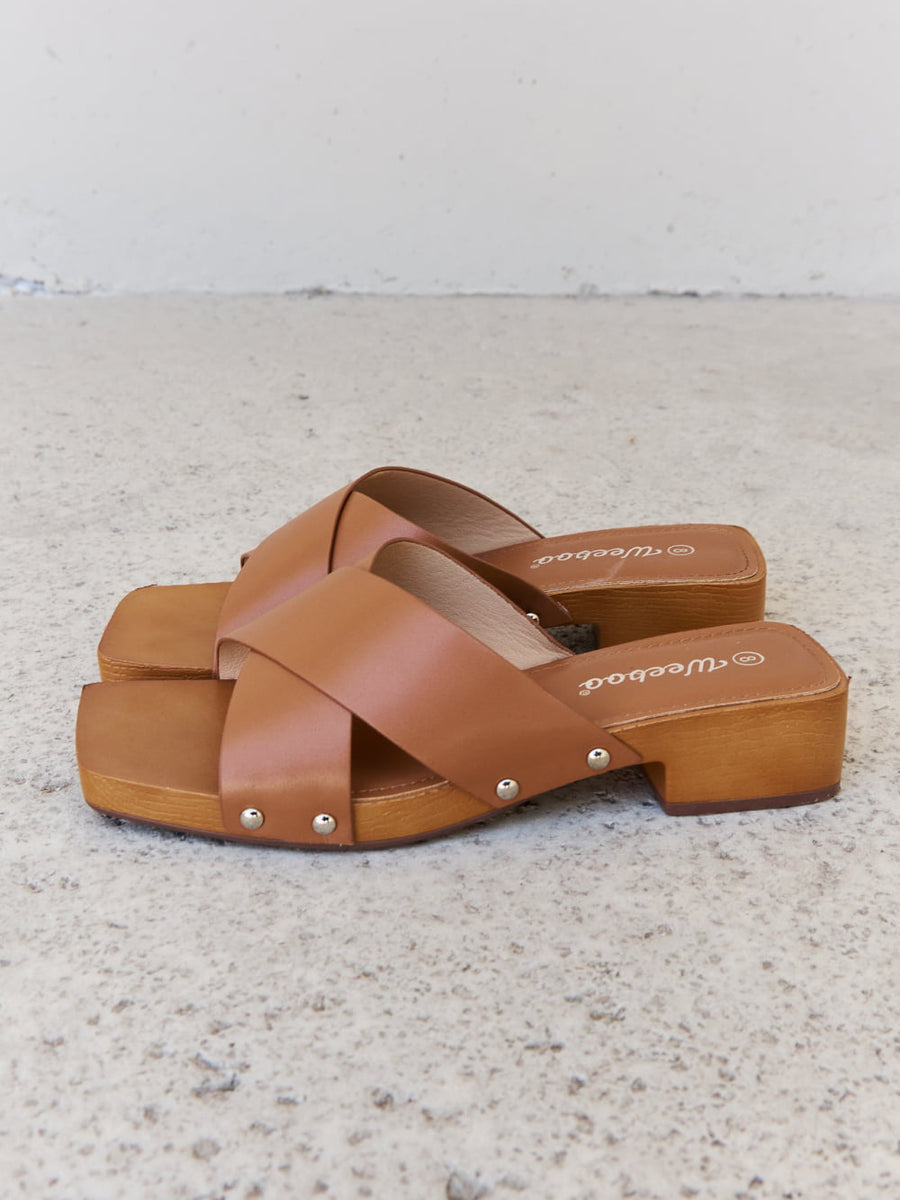 Weeboo Step Into Summer Criss Cross Wooden Clog Mule in Brown - Opulent Empire
