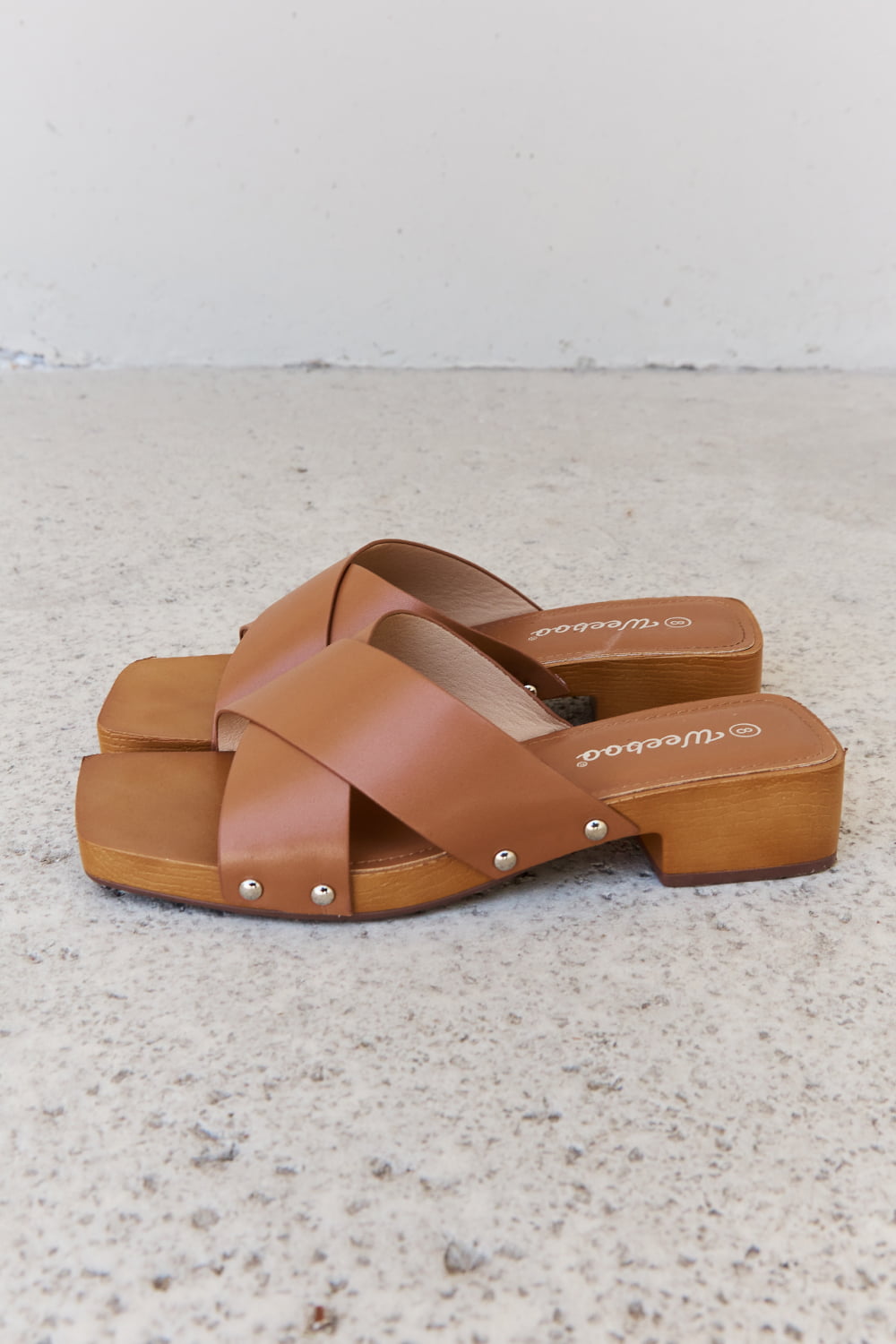 Bellamy Laurent — Weeboo Step Into Summer Criss Cross Wooden Clog Mule in Brown Brown Fashion Footwear, alternate view 7