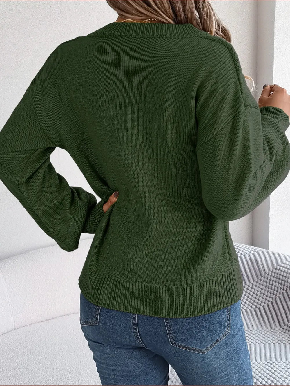 Quinn Rivière — Cable-Knit Buttoned V-Neck Sweater, alternate view 12