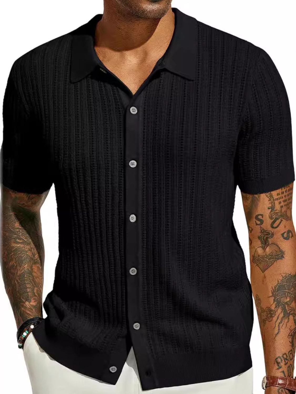 Yves — Men's Full Size Openwork Button Down Collared Neck Shirt Plus Size, alternate view 9