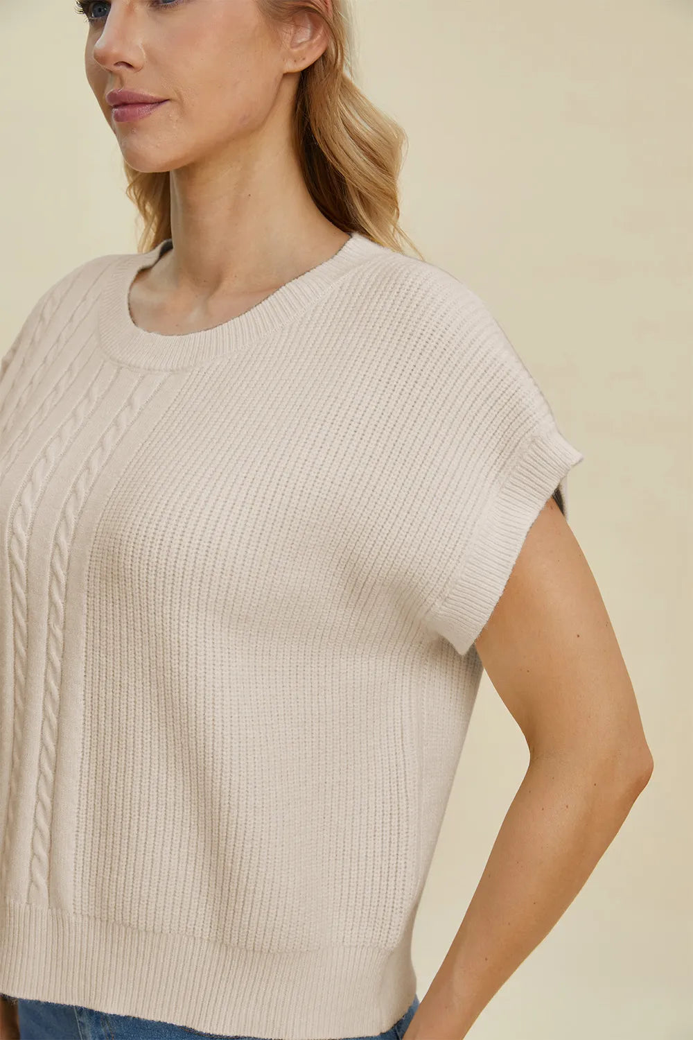 Quinn Fontaine — Double Take Full Size Cable-Knit Round Neck Short Sleeve Sweater, alternate view 6