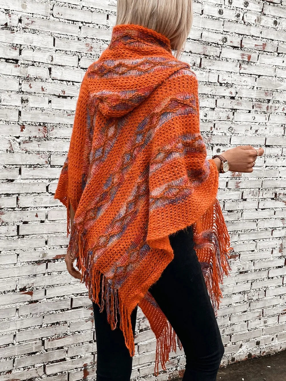 Aster Versailles — Fringe Contrast Hooded Poncho, alternate view 6