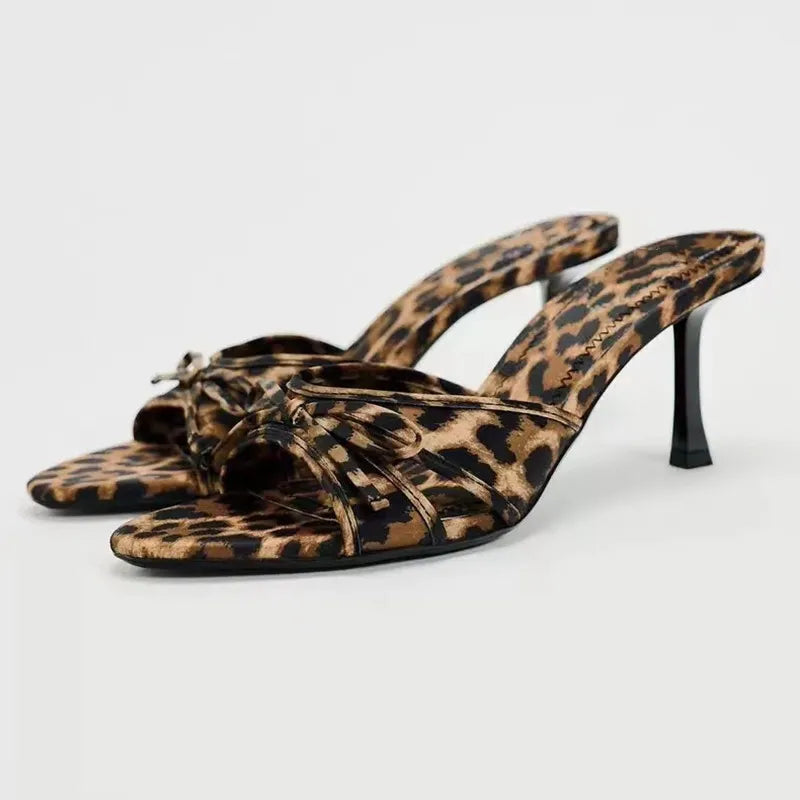 Onyx Venturi — Bow Leopard Kitten Heel Sandals