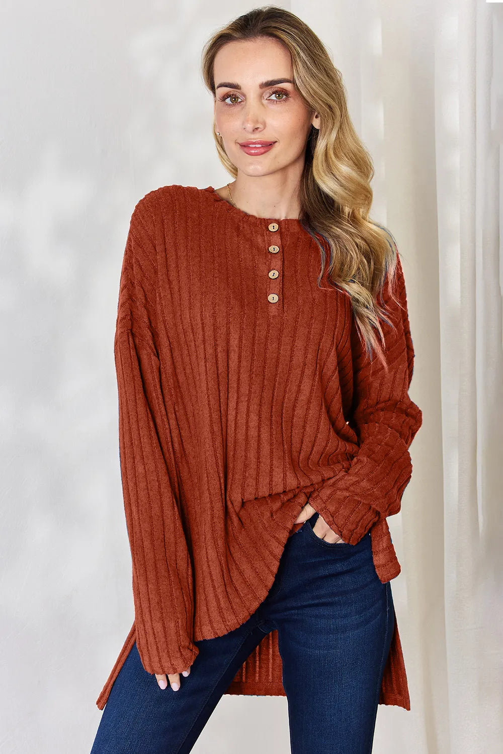 Noa Rousseau — Basic Bae Full Size Ribbed Half Button Long Sleeve High-Low T-Shirt, alternate view 23