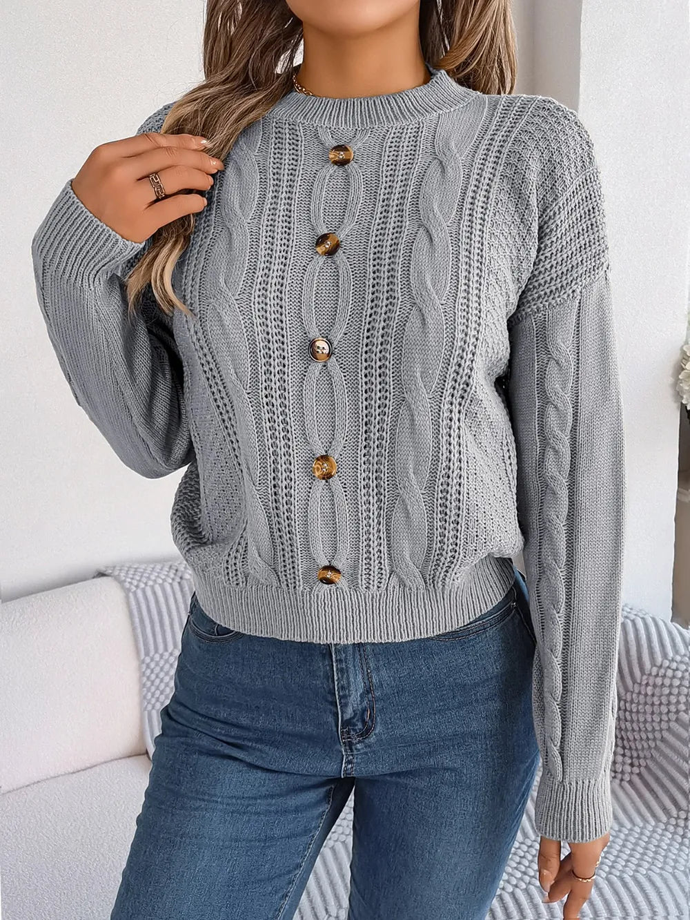 Wren Valmont — Cable-Knit Buttoned Round Neck Sweater