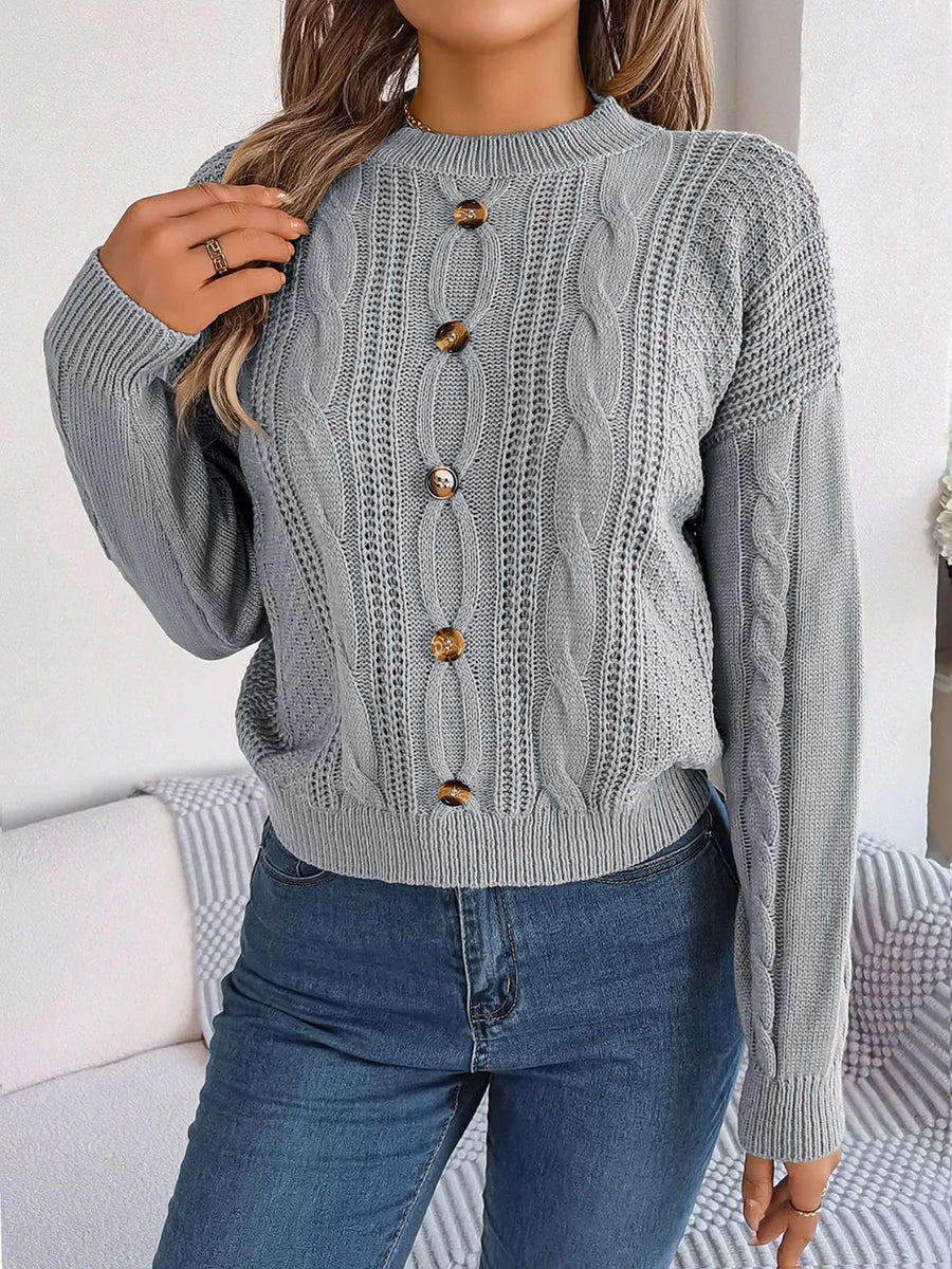 Wren Valmont — Cable-Knit Buttoned Round Neck Sweater
