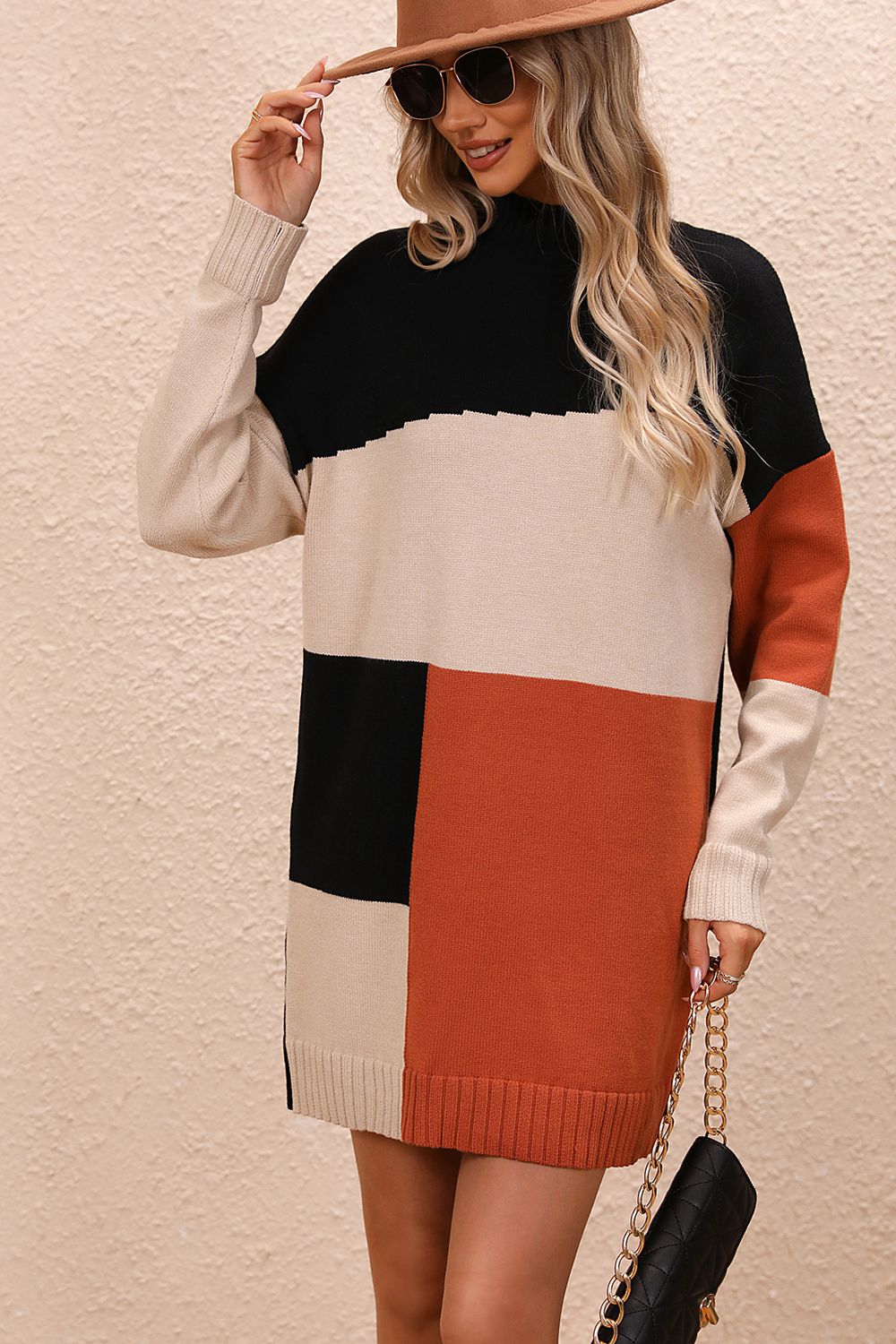 Sasha Rivière — Color Block Mock Neck Dropped Shoulder Sweater Dress, alternate view 4