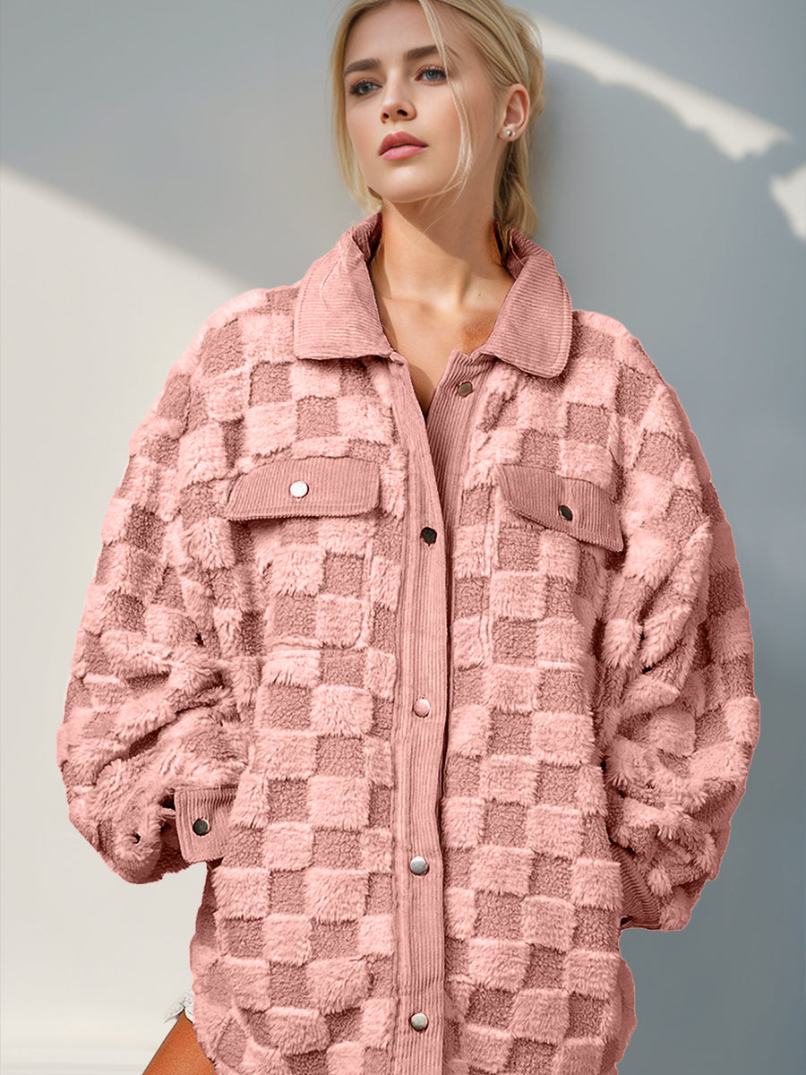 Double Take Button Up Fuzzy Checkered Shacket