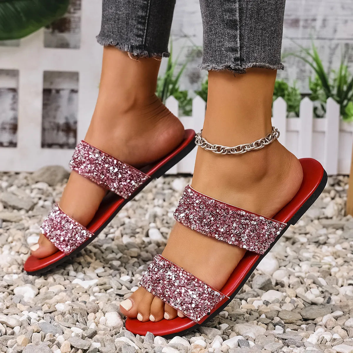 True Allegra — Sequin Open Toe Flats Sandals Fashion Footwear, alternate view 9