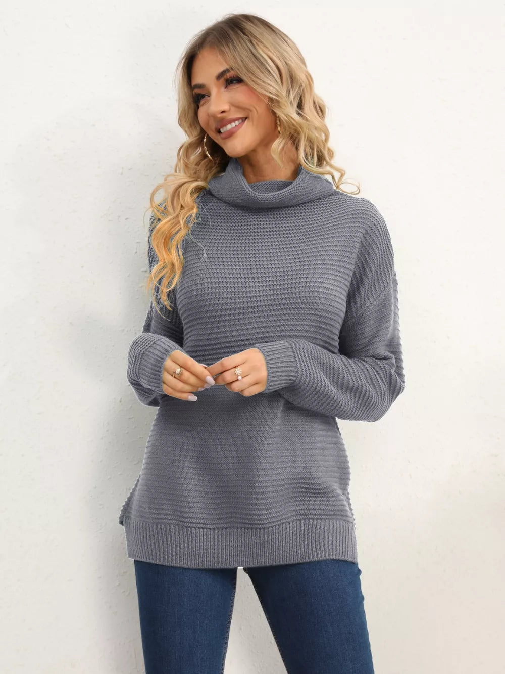Monroe Fontaine — Slit Turtleneck Dropped Shoulder Sweater, alternate view 24