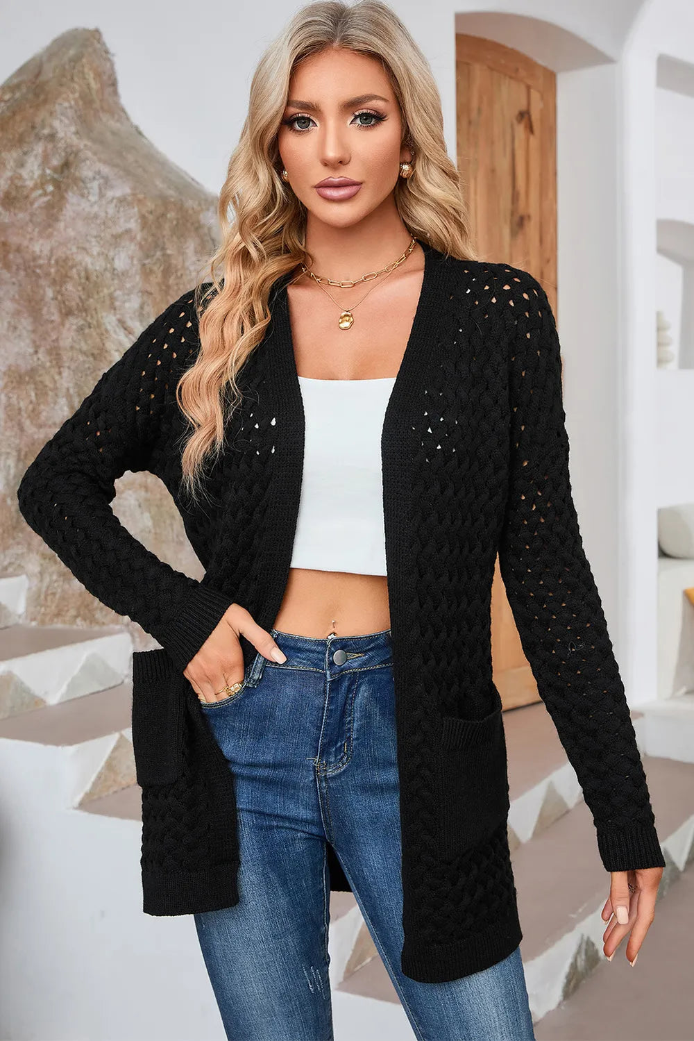 Perrin Delacroix — Open Front Dropped Shoulder Cardigan with Pockets, alternate view 11