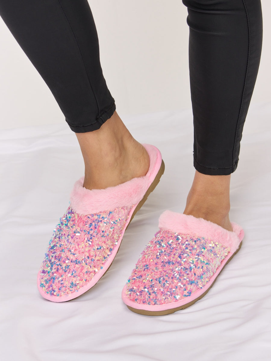 Forever Link Sequin Plush Round Toe Slippers - Opulent Empire