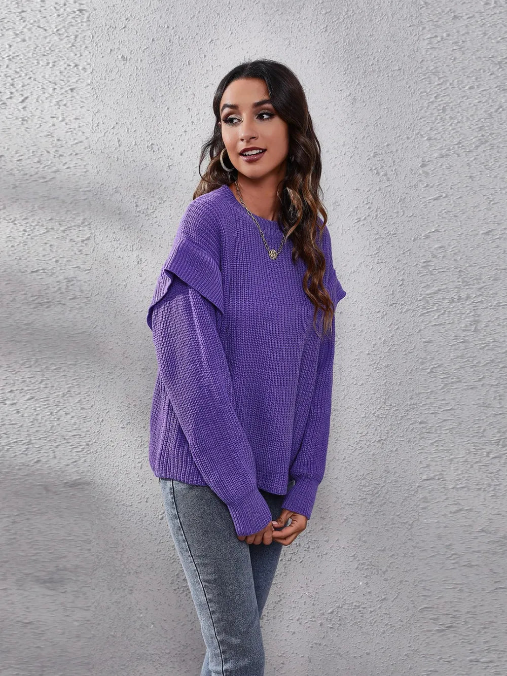 Harbor Bellamy — Ruffled Round Neck Dropped Shoulder Sweater, alternate view 4