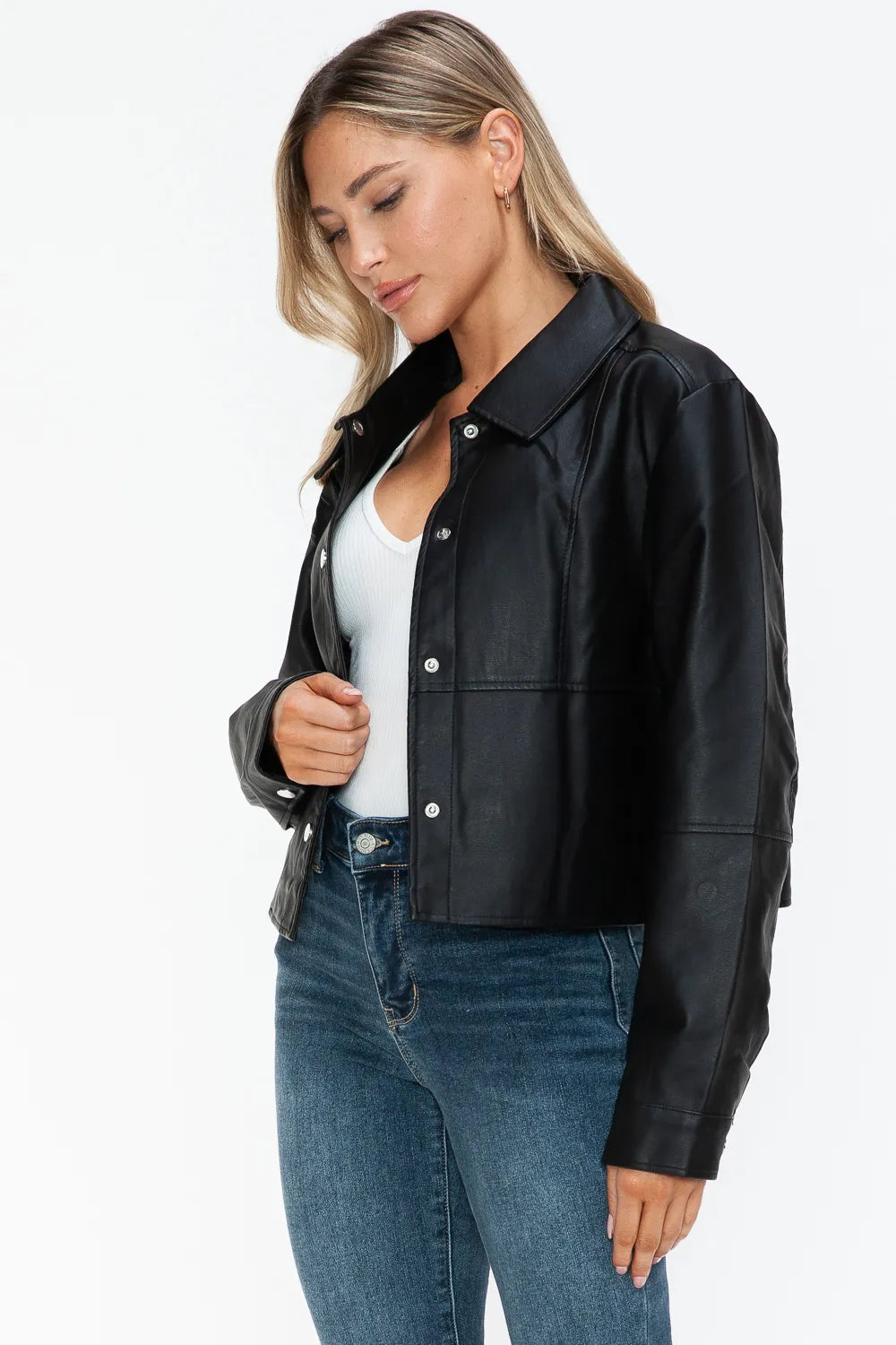 Rain Saint-Clair — Snobbish Snap Down Long Sleeve PU Leather Jacket, alternate view 9