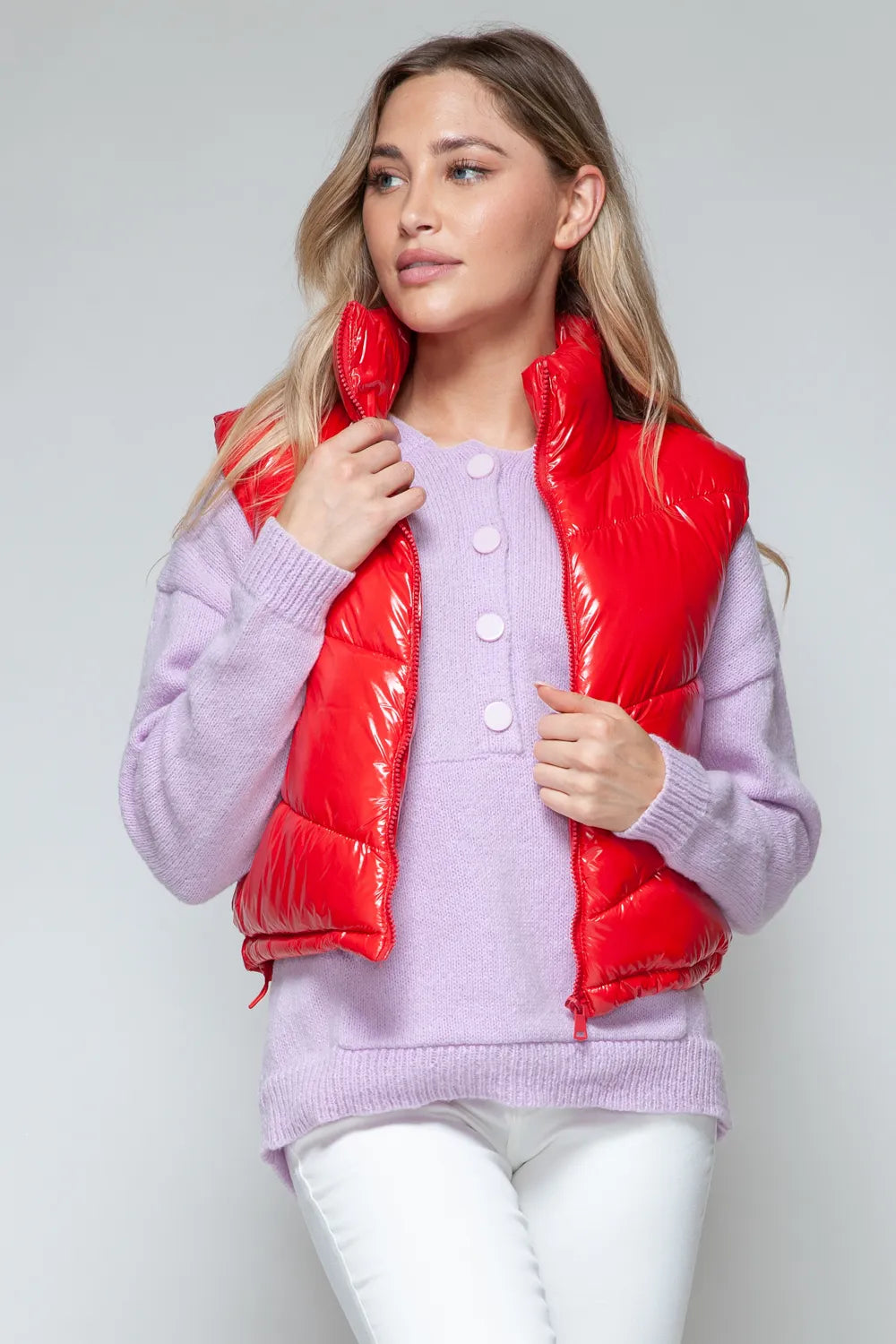 Dove Rosetti — Snobbish Zip Up Turtleneck Shiny Quilted Vest Red Sweater or Cardigan, alternate view 5