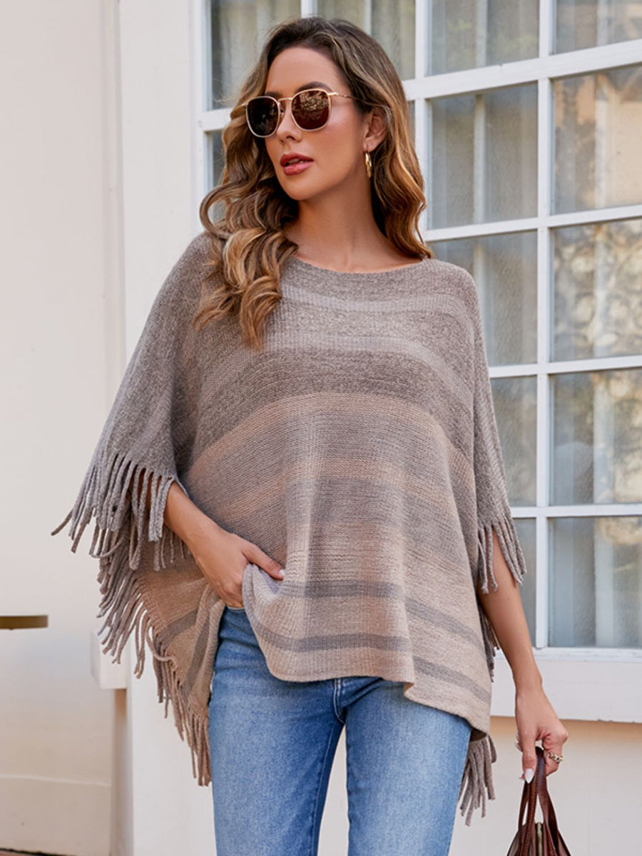 Emery Versailles — Striped Boat Neck Poncho with Fringes