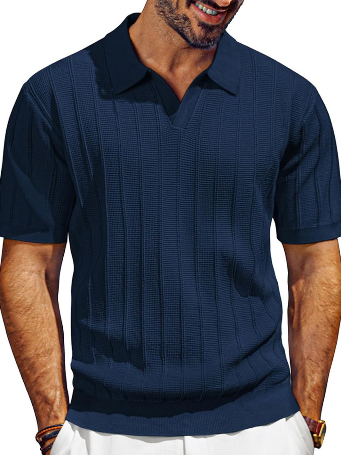 Dorian — Men's Full Size Textured Collared Neck Short Sleeve Polo Plus Size Men's Tailored Shorts, alternate view 5